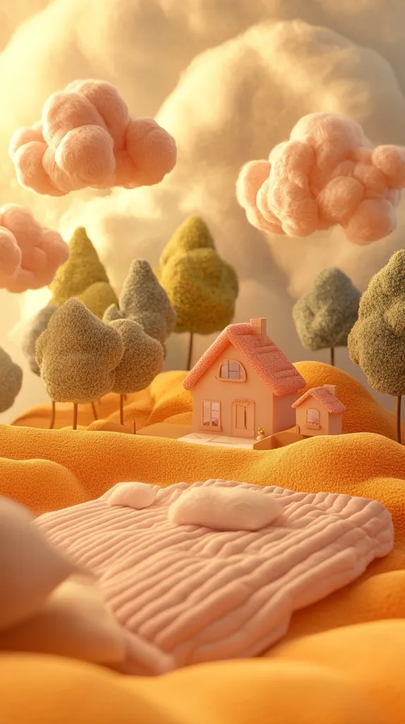 A whimsical scene depicts a miniature pink house nestled amongst fluffy, pastel-colored trees and clouds.  The landscape is a soft, textured orange, giving a dreamy, almost surreal quality. A smaller pink building sits beside the main house.  A pink corduroy blanket, adorned with small cloud-like embellishments, rests in the foreground, enhancing the overall soft and comforting aesthetic. The lighting is warm and gentle, further emphasizing the idyllic nature of the image.