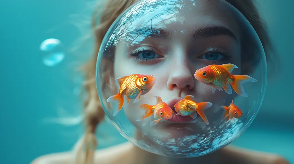 Here's a description of the image:

Close-up view of a young woman's face partially obscured by a large, clear bubble.  Several vibrant orange goldfish swim within the bubble, appearing very close to her lips. The background is a soft, teal underwater scene, with small bubbles visible.  The woman's blonde hair is partially visible, suggesting an underwater or aquatic setting. The overall mood is surreal and dreamlike, with a focus on the juxtaposition of the human face and the aquatic environment.