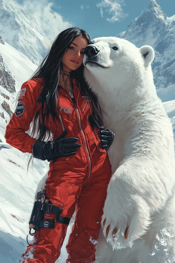 A young woman in a bright red flight suit stands in a snowy mountain landscape, her arm affectionately draped around a large polar bear.  Her long dark hair contrasts with the vibrant red and the white of the bear and snow. The majestic mountains form a dramatic backdrop. The scene is digitally rendered, with hyperrealistic detail in the fur, clothing, and landscape, suggesting a fantasy or promotional image.  The overall mood is one of adventurous companionship in a breathtaking, cold environment.