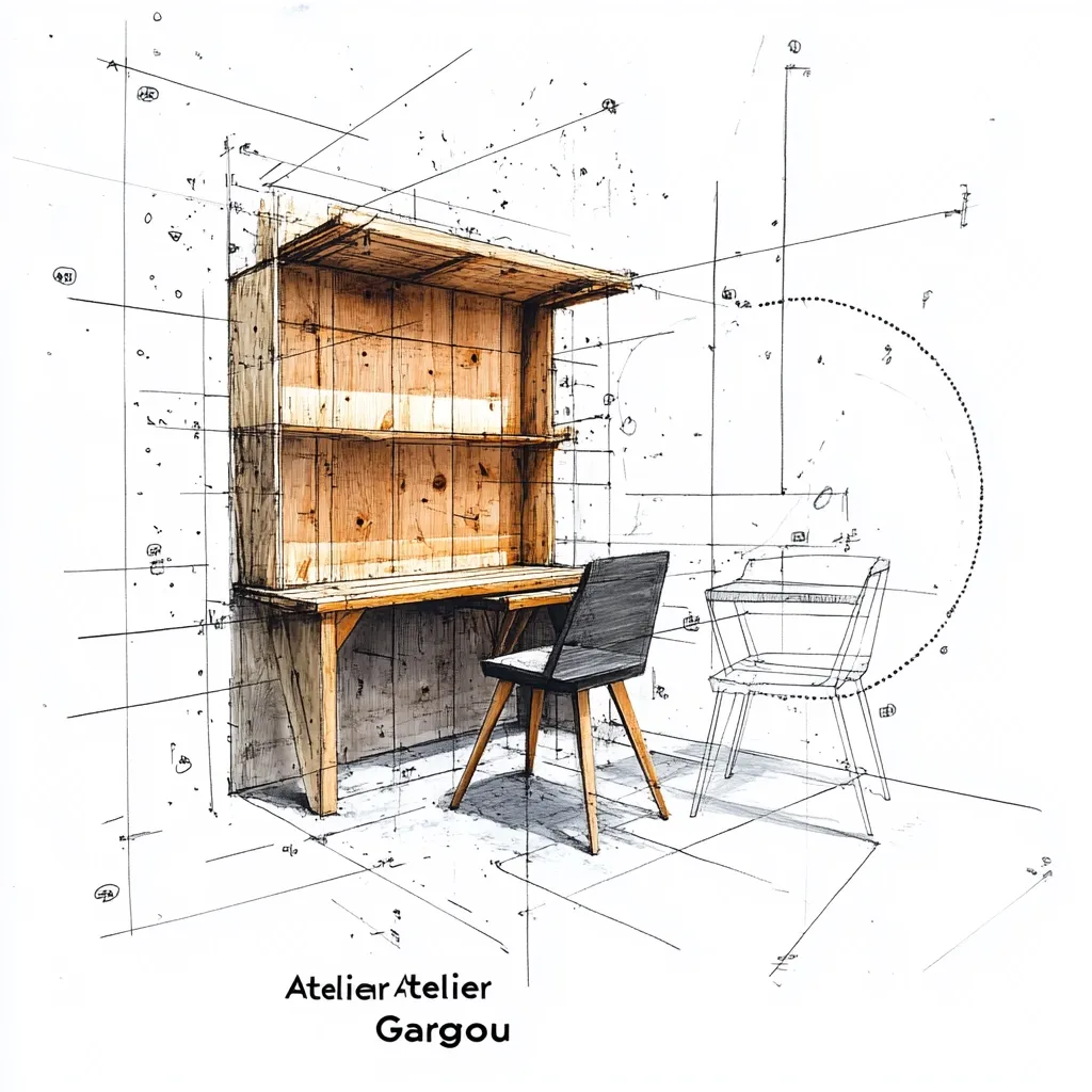 This is a detailed artistic rendering of a simple wooden desk and chair. The desk features a built-in shelf above, creating a compact workspace.  A dark gray chair sits in front, and a second chair's outline is sketched in the background.  The drawing is overlaid with numerous perspective lines and measurements, suggesting a design or architectural plan.  The artist's signature, "Atelier Atelier Gargou," is visible at the bottom. The overall style is a blend of technical drawing and artistic interpretation, giving a unique and detailed perspective of the furniture.