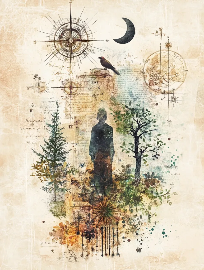 This image is a complex, layered artwork blending elements of nature, cartography, and symbolism.  A silhouetted figure stands centrally, flanked by a small tree and evergreen, suggesting introspection or contemplation.  Antique maps, compass roses, and handwritten text create a sense of journey and exploration.  A crescent moon and a perched crow add to the mystical atmosphere. The overall style is reminiscent of vintage botanical illustrations or alchemical diagrams, imbued with a dreamlike, ethereal quality.  The color palette is muted earth tones, enhancing the image's nostalgic and enigmatic feel.