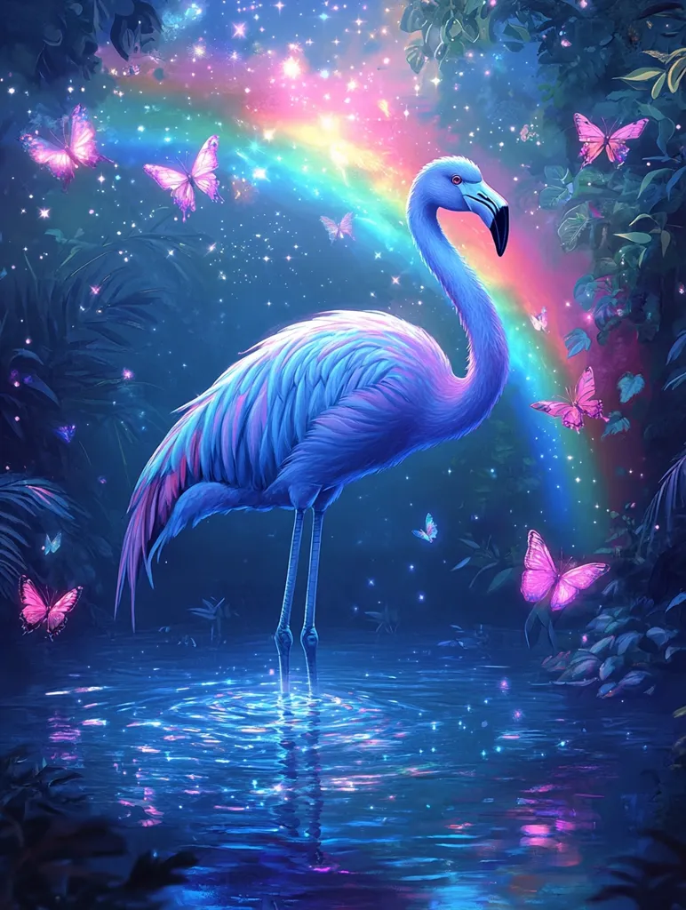 Here's a description of the image:

A vibrant, surreal artwork depicts a luminous blue flamingo standing in a tranquil, glowing pool of water.  Surrounding the flamingo are numerous iridescent butterflies and a pastel rainbow that arches across a starlit night sky.  Lush, dark foliage frames the scene, enhancing the magical, dreamlike quality of the image. The overall effect is one of ethereal beauty and tranquility. The colors are highly saturated and otherworldly, creating a captivating and fantastical atmosphere.