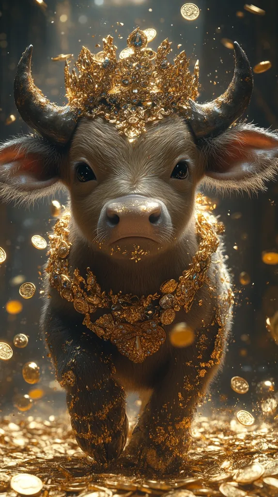 A young water buffalo, adorned in a magnificent golden crown and ornate necklace, stands majestically amidst a shower of gold coins.  The creature's fur is subtly speckled with gold, enhancing its regal appearance.  The image is richly detailed, with a dramatic lighting that emphasizes the opulence of the scene and the animal's calm yet powerful presence.  The overall impression is one of wealth, prosperity, and perhaps, a touch of mythical grandeur.