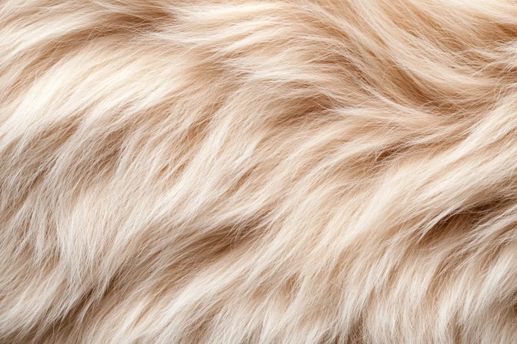 The image shows a close-up view of light beige or pale blonde fur. The fur is soft and fluffy, with individual strands visible. The texture is smooth, with a slight wave pattern created by the direction of the hair. The color is consistent throughout, with subtle variations in shade due to the way the light catches the individual hairs.  The overall impression is one of softness and warmth.