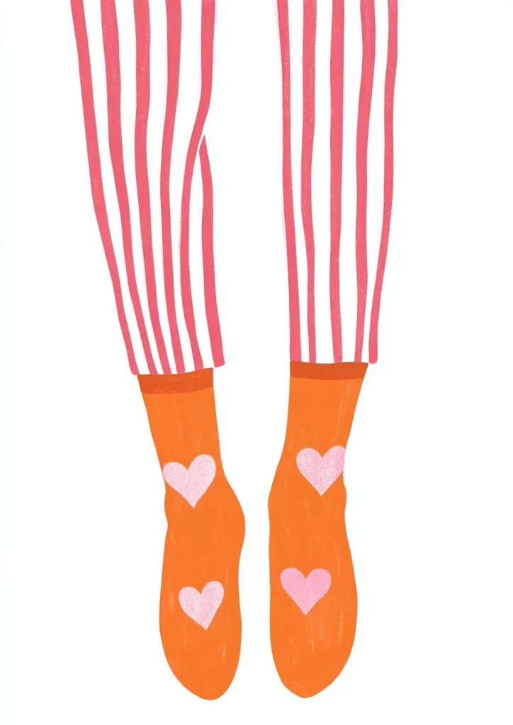 Here's a description of the image:

The illustration shows a pair of legs wearing pink and white striped pants and orange socks adorned with three pink hearts each. The style is minimalist and playful, with a slightly textured, hand-drawn feel to the colors and lines.  The focus is on the contrast between the bold stripes and the softer hearts, creating a cheerful and visually appealing image. The background is plain white, making the clothing the central point of interest.