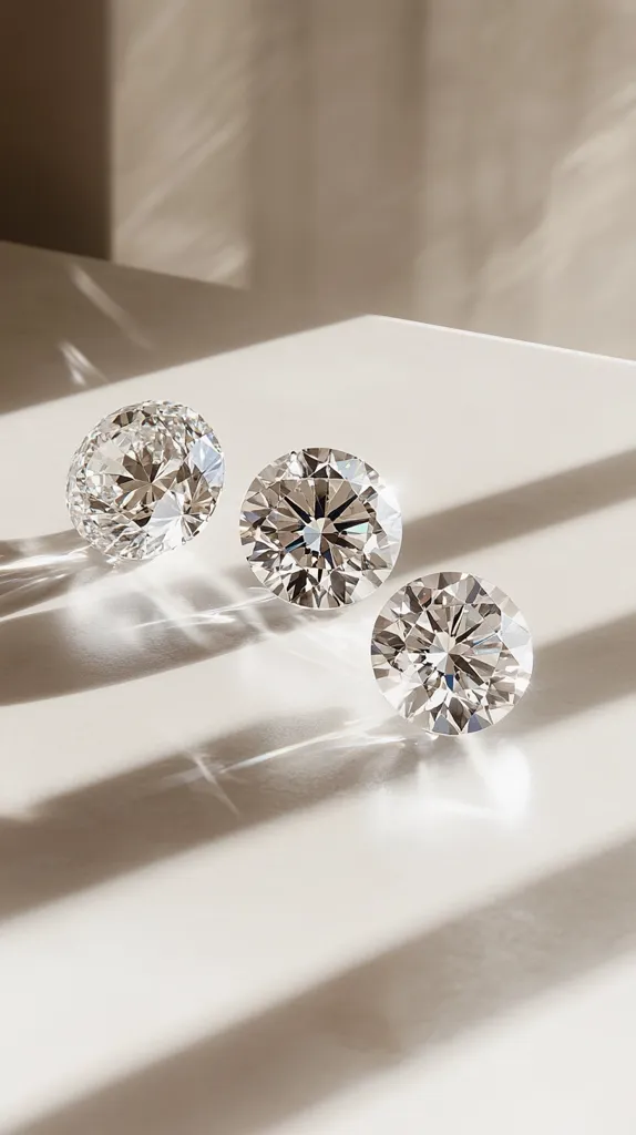 Three brilliant-cut diamonds of varying sizes are artfully arranged on a pristine white surface.  Soft, natural light casts elegant shadows, enhancing the sparkle and clarity of the gemstones. The minimalist setting and subtle lighting create a luxurious and sophisticated aesthetic, emphasizing the diamonds' inherent beauty.  The scene evokes a feeling of elegance and high-end luxury.