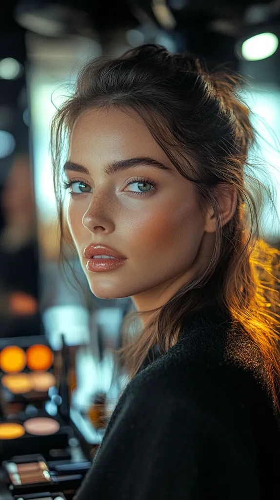 A young woman with light skin and freckles looks over her shoulder. Her brown hair is pulled back into a loose bun, and she wears a dark, textured top.  Her makeup is subtly done, highlighting her green eyes and full lips. The background is blurry, but shows a makeup palette and suggests a beauty or salon setting.  The lighting emphasizes the warmth of her skin and the golden tones in her hair.