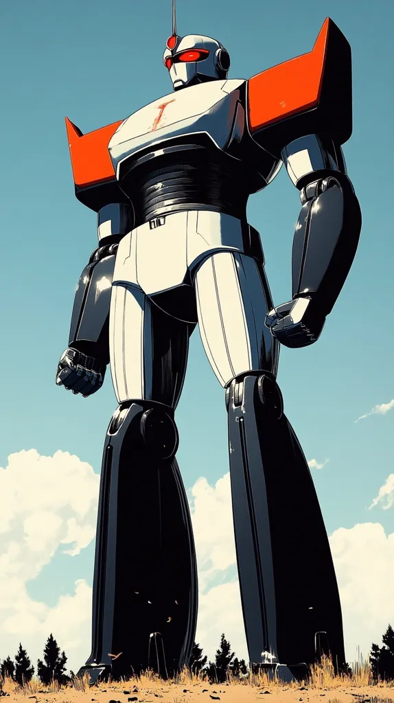 Here's a description of the image:

The illustration showcases a colossal, imposing robot standing against a bright, sunny sky.  The robot's design is predominantly white and black, with striking orange shoulder plates.  Its body is segmented, revealing a mechanical structure, and its legs are long and powerful.  The robot's head is helmet-like, featuring red eyes. The scene is set in a desolate, dry landscape with a sparse collection of evergreens in the background.  The overall style is reminiscent of vintage science fiction illustration or manga.  The robot's size dwarfs the surrounding environment, emphasizing its scale and power.