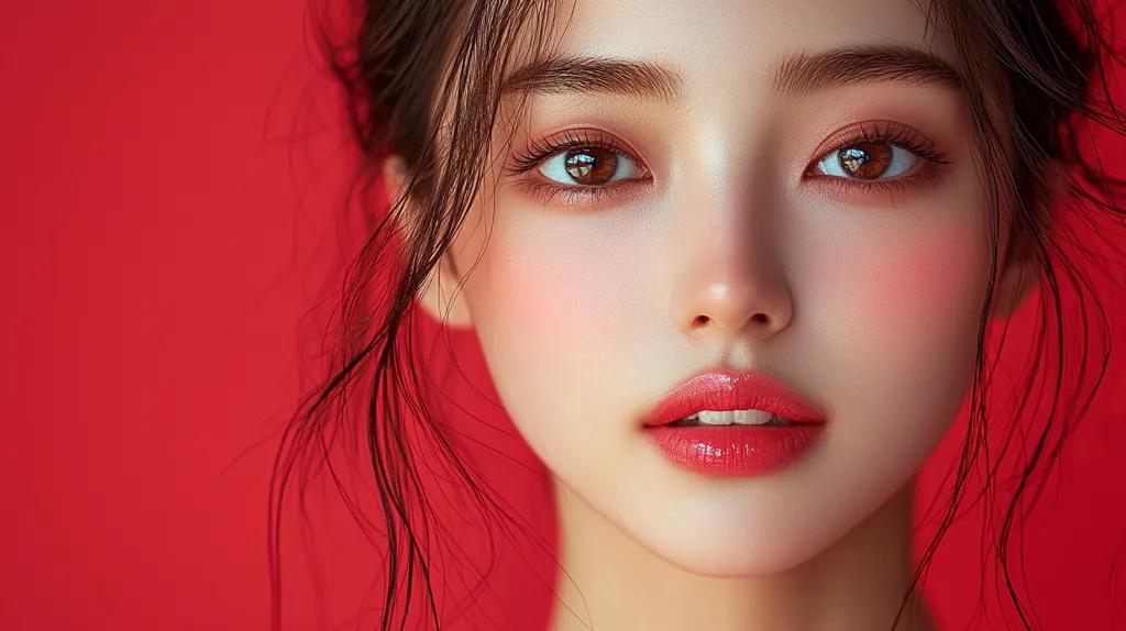 Close-up of a young woman's face against a vibrant red background.  Her dark hair is loosely styled, framing her delicate features.  She has flawlessly smooth skin, accentuated with subtle blush and a glossy, coral-red lipstick. Her large brown eyes are captivating, and her expression is serene and direct, engaging the viewer. The overall image is striking, highlighting beauty and clean lines.