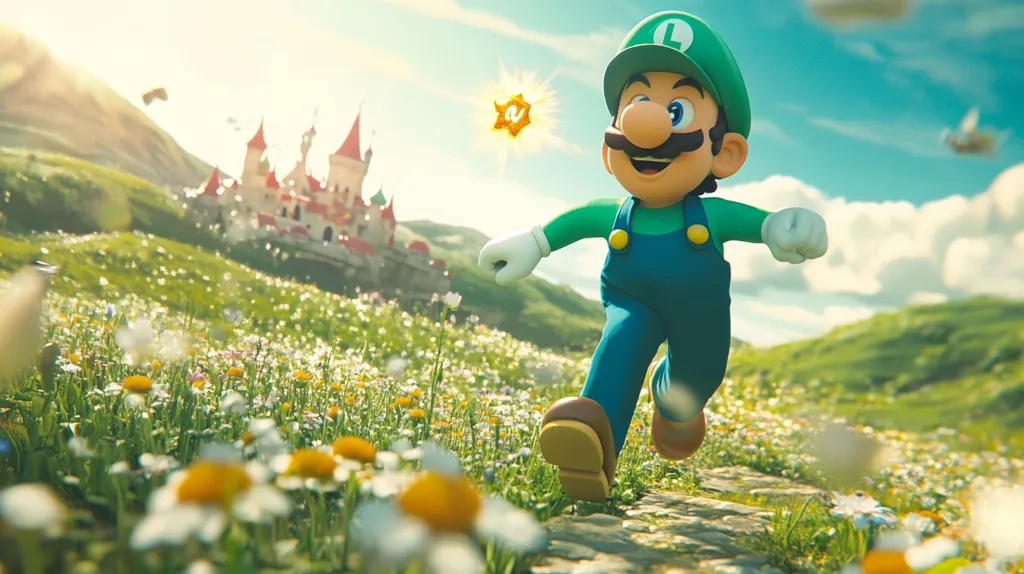 Luigi, the iconic green-clad plumber from the Super Mario universe, is depicted running through a vibrant field of wildflowers.  A fairytale castle sits in the distance under a bright, sunny sky.  Luigi's joyful expression and dynamic pose convey a sense of adventure and excitement.  A golden power-up floats in the air above him, enhancing the playful, whimsical atmosphere of the scene. The overall aesthetic is a charming blend of realism and classic video game imagery.