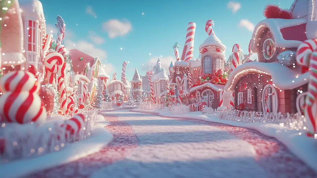 A whimsical, snow-covered candy cane village gleams under a bright, sunny sky.  Rows of gingerbread-like houses, adorned with candy canes and shimmering lights, line a snow-dusted street.  Giant candy canes stand tall as festive decorations.  A light dusting of snow adds a magical, enchanting atmosphere to this charming Christmas scene.  The overall effect is one of playful fantasy and festive cheer.