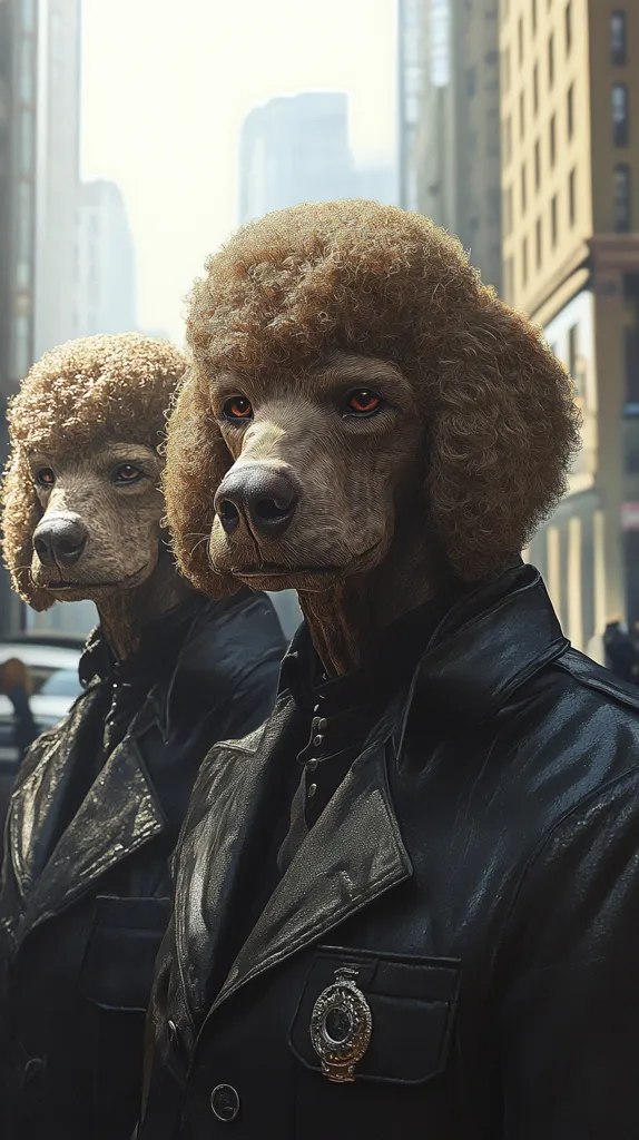 Two standard poodles, anthropomorphized as police officers, stand shoulder-to-shoulder in a city setting.  They wear identical dark leather jackets with badges, their fluffy brown hair neatly styled. The background features blurred city skyscrapers, suggesting an urban environment.  The dogs' serious expressions and attire create a humorous yet intriguing contrast between their canine features and human-like roles.  The image has a cinematic, slightly dark, and stylized quality.