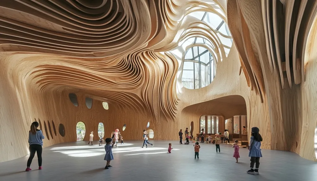 The image shows a spacious, naturally lit interior, likely a daycare or community center.  The striking feature is the undulating, sculpted wooden ceiling and walls, creating a flowing, organic form.  Children and adults are scattered throughout the open space, adding a sense of scale and activity. The wood's warm tones and the abundance of natural light contribute to a bright, inviting atmosphere.  The architectural design is modern and unconventional, emphasizing natural materials and a playful aesthetic.