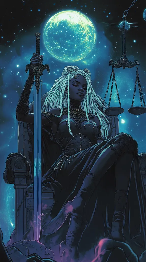 Here's a description of the image:

The artwork depicts a regal Black woman with long, white dreadlocks, seated on an ornate throne under a large, teal moon.  She holds a long sword, its hilt resting in her lap. A scale of justice hangs subtly in the background, adding to the image's theme of power and judgment. Her attire is dark and elegant, suggesting authority and sophistication. The cosmic background of stars adds to the mystical and powerful aura surrounding the figure.  The overall style is reminiscent of fantasy art, blending elements of strength, justice, and ethereal beauty.