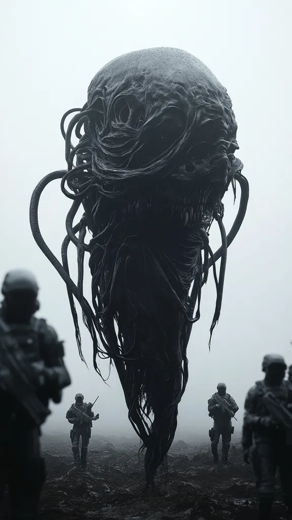 A monstrous, dark, organic entity dominates a desolate landscape.  Its form is grotesque, a tangle of tentacles and a bulbous head, suggesting a creature of immense power.  Several soldiers in futuristic armor stand before it, silhouetted against the foggy background, appearing small and vulnerable in its presence. The overall atmosphere is one of dread and impending doom, emphasizing the creature's overwhelming size and ominous nature. The monochrome palette enhances the sense of bleakness.