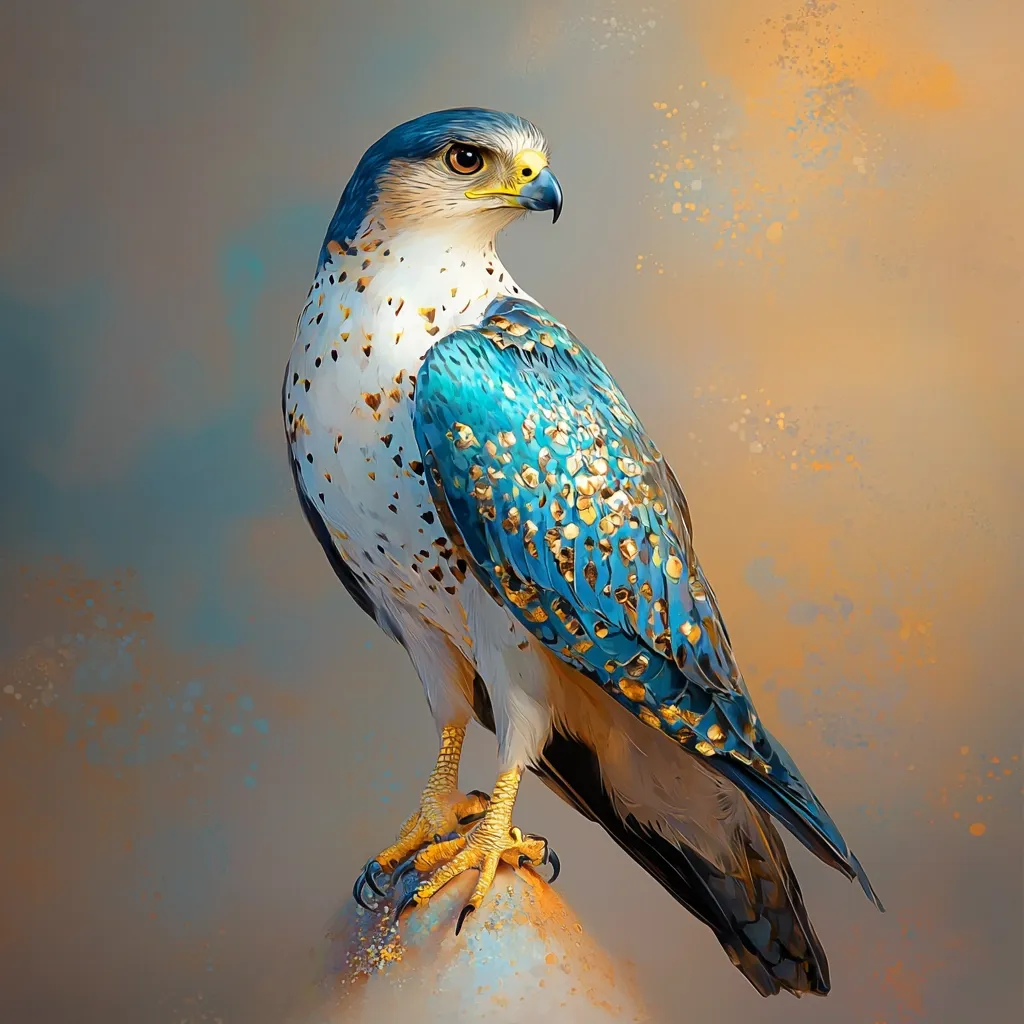 The image is a stylized portrait of a falcon, its plumage a striking blend of white, teal, and gold.  The bird is depicted perched on a pale, textured surface, possibly a rock. The background is a soft, muted palette of beige and gray, with splashes of orange, creating a hazy, atmospheric effect. The falcon's gaze is directed slightly away from the viewer, conveying a sense of alertness and regality.  The artist's use of color and texture gives the painting a dreamlike, almost surreal quality.
