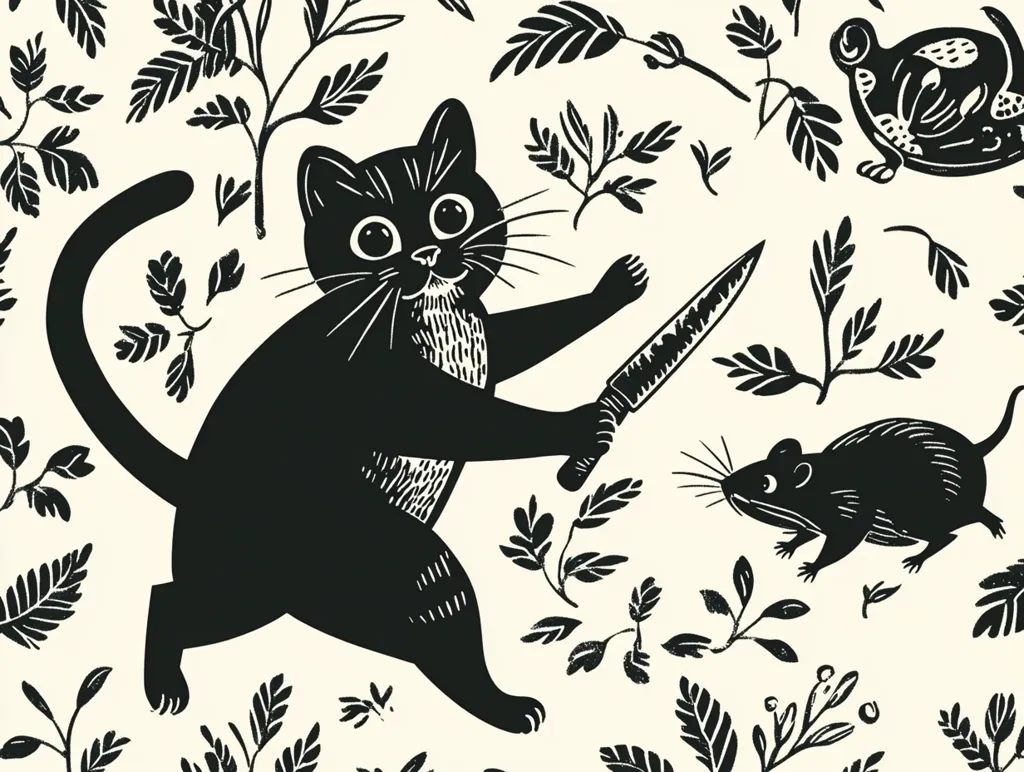 Here's a description of the image:

The image is a black and white linocut print featuring a playful, stylized black cat wielding a knife. The cat is depicted in a dynamic pose, suggesting movement and intent.  A small mouse is present nearby, seeming to be the cat's target.  A small tortoise is also visible in the background, adding to the whimsical scene.  The background is filled with simple, graphic representations of leaves and plants, creating a natural, slightly whimsical setting. The style is bold and graphic, with stark contrasts between black and white.  The overall aesthetic is reminiscent of children's book illustration or folk art.