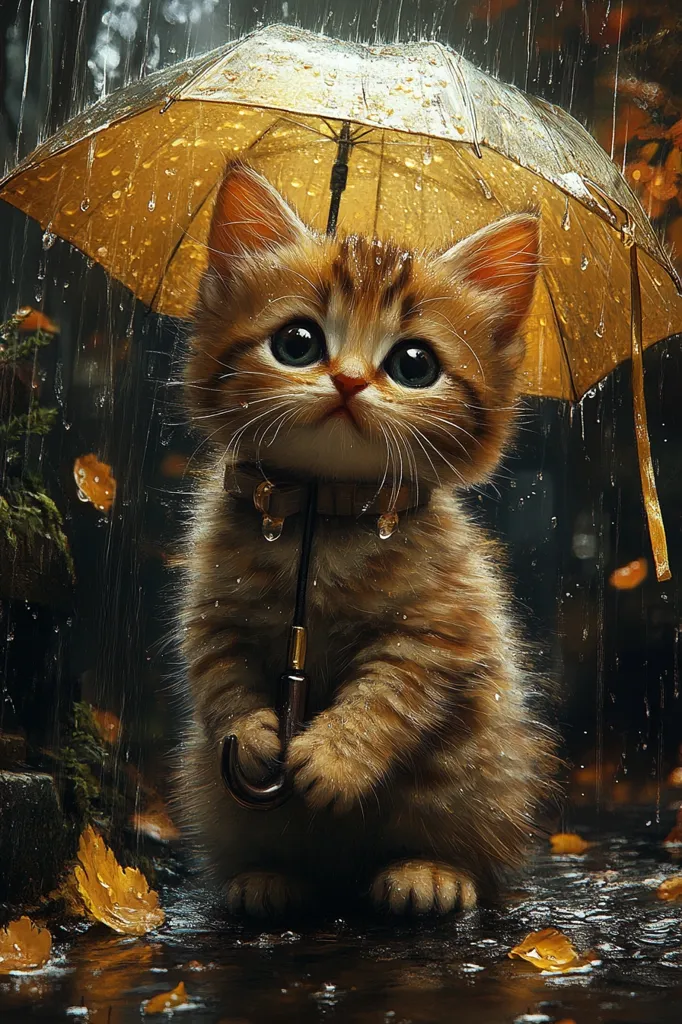 A cute, orange tabby kitten sits under a small, yellow umbrella in the rain.  Water droplets cling to the umbrella and the kitten's fur.  The kitten holds the umbrella handle with its paws, its large eyes gazing upward.  Fallen autumn leaves float in puddles around its paws. The background is blurred, showing a dark, rainy forest scene. The overall mood is one of gentle melancholy and charm.