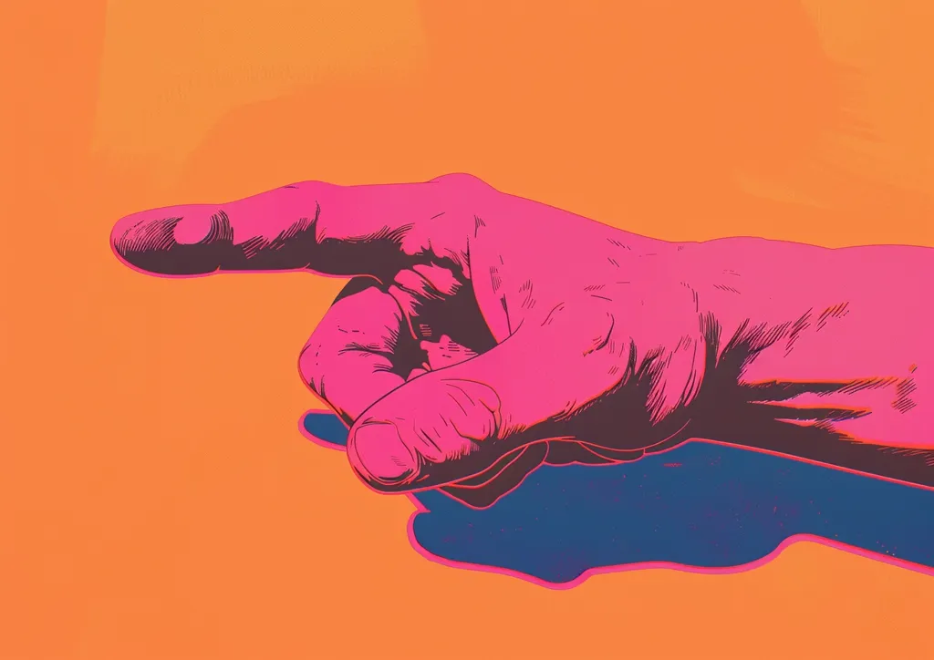 Here's a description of the image:

The image is a stylized close-up of a hand pointing, rendered in a bold, graphic style.  The hand is a vibrant pink, sharply contrasted against a warm orange background.  The hand's anatomy is clearly defined with strong lines, emphasizing the muscles and tendons.  A dark blue shadow is cast beneath the hand, adding depth and contrast to the overall composition. The style evokes a pop art aesthetic with its flat colors and bold outlines. The pointing finger directs the viewer's gaze beyond the frame, implying a sense of direction or invitation.