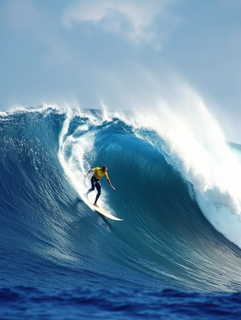 A surfer, clad in a yellow shirt and dark pants, expertly rides a massive, curling ocean wave.  The wave is a vibrant blue-green, its crest white with spray, showcasing the power and beauty of the ocean.  The surfer's silhouette against the vastness of the wave emphasizes the scale of the action, a testament to skill and courage in the face of nature's immense power. The sky is a clear, bright blue, enhancing the overall dramatic effect of the scene.