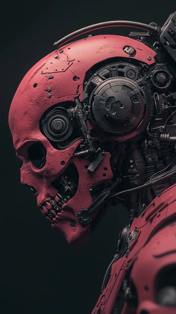 The image shows a detailed close-up of a robotic skull, predominantly crimson red with dark gray metallic components.  The skull is intricately designed, with visible gears, wires, and other mechanical parts integrated into its bony structure. The robot's head is angled to the side, creating a dramatic profile against a dark, blurred background. The overall aesthetic is dark, futuristic, and slightly unsettling, blending organic and mechanical elements.