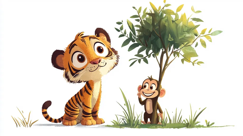 A charming illustration features a large-eyed tiger cub sitting upright, gazing upwards, and a smaller monkey sitting beneath a small tree.  The tiger is orange and black striped, with fluffy fur. The monkey is brown, with a cheerful expression, waving a hand.  The scene is set against a white background with touches of green grass. The style is cartoonish and whimsical, evoking a sense of childlike wonder.