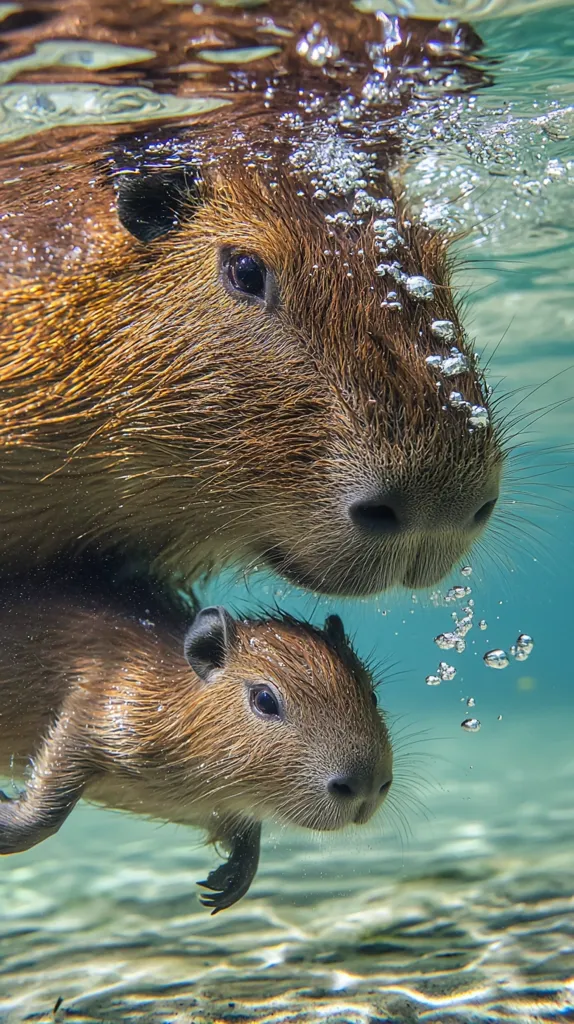 An underwater close-up captures a capybara and its young. The adult, with its reddish-brown fur, is partially submerged, its eyes and nose visible above the water's surface.  Bubbles rise from its nostrils. A smaller capybara, seemingly a pup, swims beneath, clinging slightly to its parent. The water is clear, allowing for a sharp view of both animals and the sandy bottom below. The overall scene is peaceful and intimate, showcasing the bond between the pair.