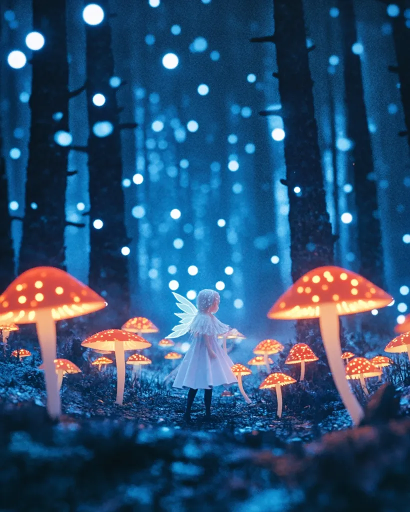 A whimsical digital illustration depicts a fairy-like child in a white dress with delicate wings, standing amidst a magical forest.  Glowing, bioluminescent mushrooms illuminate the path, their red caps speckled with bright dots.  The trees are tall and dark, their trunks barely visible in the ethereal blue light that permeates the scene, creating a dreamlike, enchanting atmosphere.  Tiny glowing orbs float throughout the forest, enhancing the fantastical ambiance.