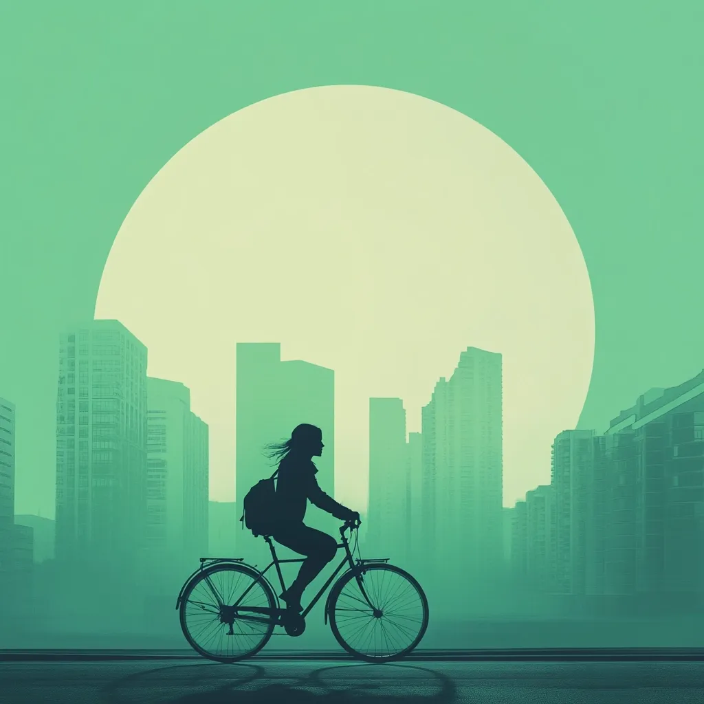 Here's a description of the image:

The image is a stylized silhouette of a woman cycling through a city. The overall color palette is muted greens and a pale yellow, giving a calm and serene atmosphere. A large, pale yellow circle dominates the background, resembling a sun or moon. The woman, with long hair flowing behind her, rides a bicycle with a backpack, her profile facing to the right. The city skyline behind her consists of muted green buildings of varying heights, suggesting a modern urban landscape. The scene is peaceful and evokes a sense of quiet urban travel.