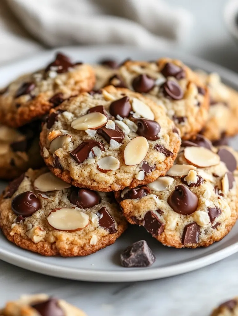 A close-up shot showcases a stack of almond chocolate chip cookies on a light gray plate. The cookies are golden brown, studded with dark chocolate chips and sliced almonds. Some flaked coconut is visible. The cookies appear soft and chewy. The background is blurred, with hints of a beige fabric and a marble surface. A few loose chocolate pieces sit on the plate near the cookies. The overall impression is one of warmth and deliciousness.