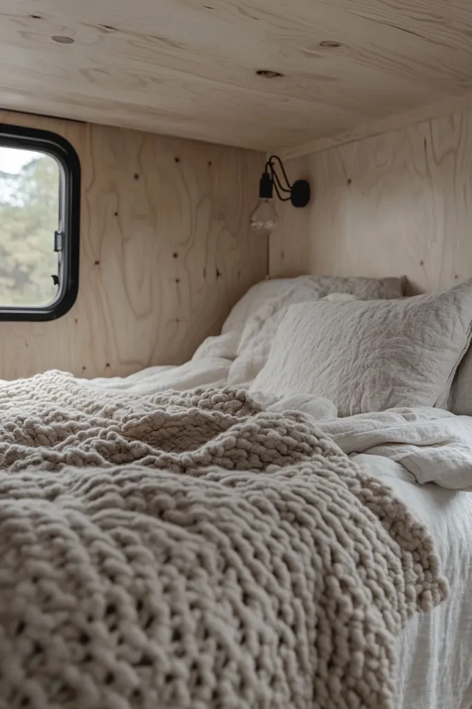 Here's a description of the image:

The photo shows a cozy bed nestled in a small, wood-paneled room.  A chunky, cream-colored knit throw blanket dominates the foreground, draped invitingly over crisp white bedding.  Neutral-toned pillows rest against the headboard. A small, simple wall lamp is mounted on the wood paneling, casting a soft glow. A window offers a glimpse of a green, outdoor landscape. The overall aesthetic is minimalist and calming, suggesting a peaceful and comfortable space.