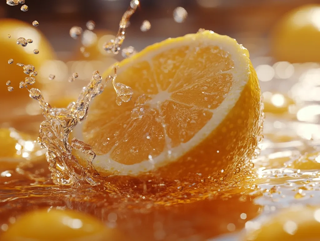Here's a description of the image:

A close-up shot captures a juicy orange half submerged in a pool of its own liquid, creating a vibrant splash. Water droplets cling to the rind, and the background is softly blurred, emphasizing the main subject.  The orange's segments are clearly visible, showcasing its ripe, pulpy interior. The overall effect is one of freshness and vitality, with the light reflecting beautifully off the wet surfaces. Other blurred oranges surround the central one, creating a sense of abundance. The golden hues dominate the image, contributing to a warm, inviting feel.