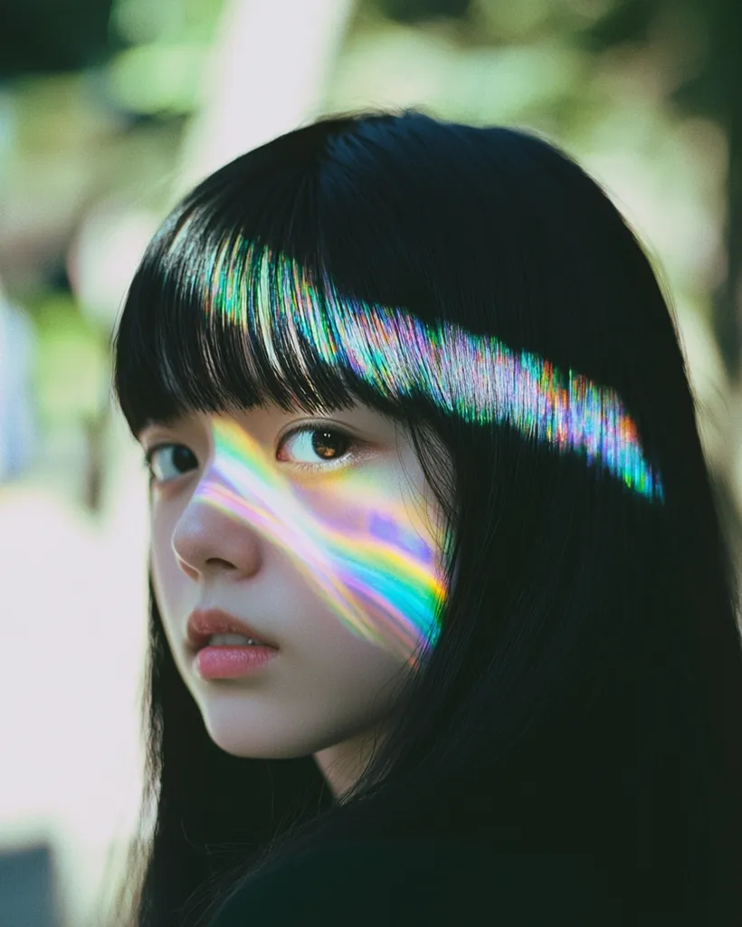 Close-up of a young woman with long, dark hair that partially obscures her face. A vibrant rainbow-like light refracts across her face and hair, creating a surreal and ethereal effect.  Her expression is serious and somewhat pensive. The background is blurred, suggesting an outdoor setting with soft, natural light. The overall image is artistic and dreamlike.
