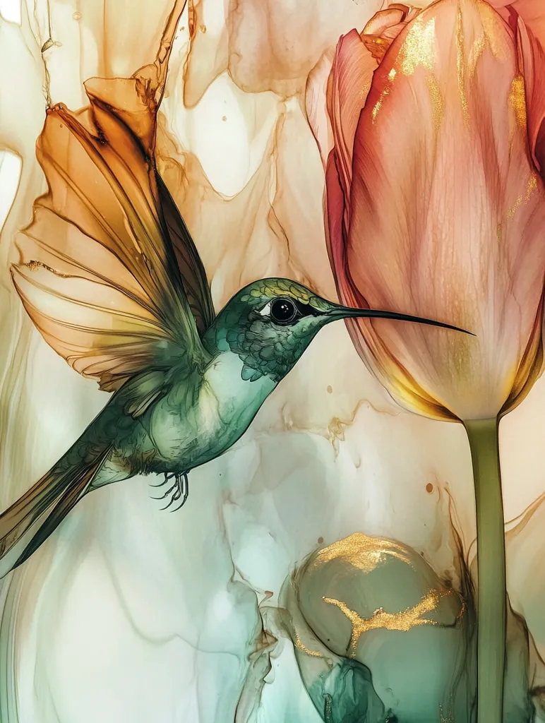 Here's a description of the image:

The artwork depicts a hummingbird in flight, rendered in a style that blends realism with abstract elements.  The hummingbird, with its iridescent green and teal body, has wings that appear translucent with shades of amber and gold.  It hovers near a large, stylized tulip, its petals a soft blend of peach and rose, accented with gold highlights. The background is an abstract wash of creamy beige, soft greens, and hints of gold, creating a fluid, ethereal feel.  The overall effect is elegant and serene, emphasizing the delicate beauty of nature.