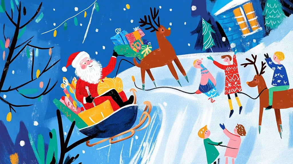 A whimsical Christmas scene unfolds against a vibrant blue night sky.  Santa, laden with gifts, rides a sleigh pulled by a reindeer.  Other reindeer carry children joyfully through the snowy landscape,  past a charming house adorned with warm light. The artwork is characterized by bold colors, playful brushstrokes, and a festive spirit, capturing the magic of Christmas Eve.