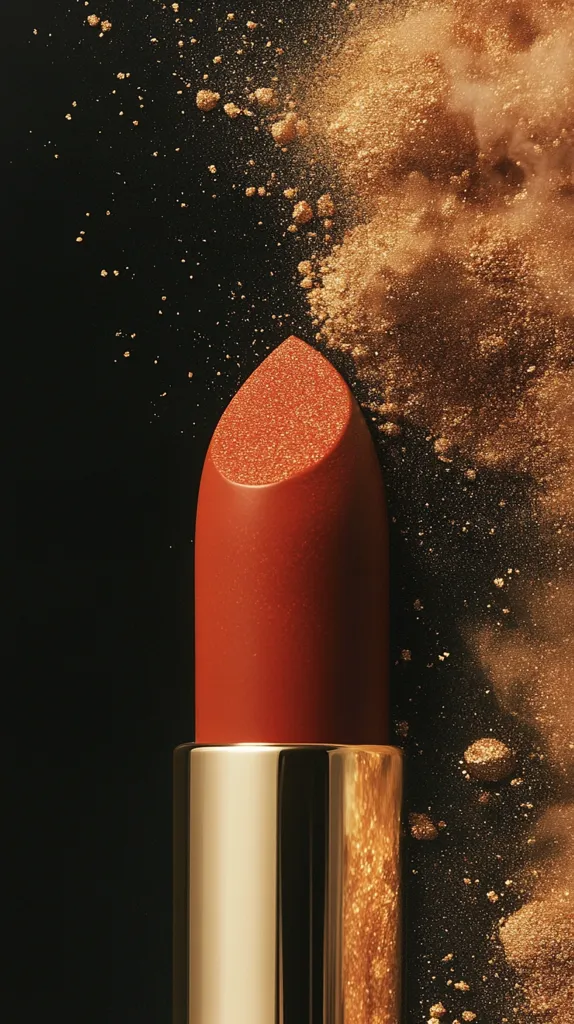 Here's a description of the image:

Close-up view of a lipstick tube against a black background. The lipstick is a rich, reddish-brown shade, and its top is coated in a fine, shimmery, gold powder. A cloud of similar gold powder is dispersed around the lipstick, creating a dramatic, luxurious effect. The lipstick tube itself is gold, adding to the opulent feel of the image. The contrast between the dark background and the warm tones of the lipstick and powder is striking. The overall image conveys a sense of elegance and sophistication.