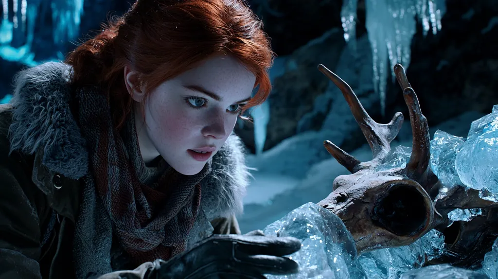 Here's a description of the image:

The image shows a young woman with vibrant red hair, dressed in a warm, fur-trimmed coat and scarf.  She's crouched down, intently examining a large, intricately carved antler, encased in a block of glistening, translucent ice. The setting appears to be a cold, cavernous space with icy formations visible in the background. The overall mood is mysterious and intriguing, with a focus on the woman's intense concentration and the contrasting textures of the fur, ice, and wood.  The color palette is dominated by cool blues and the warm tones of the woman's hair.
