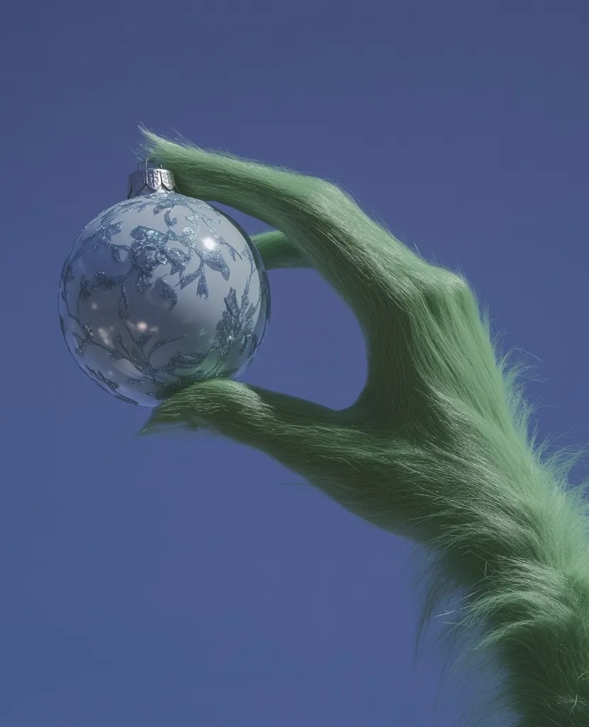 Here's a description of the image:

Against a clear, deep blue sky, a large, furry green hand, reminiscent of the Grinch, gently cradles a delicate, light blue Christmas ornament. The ornament is spherical with a subtle, silvery, floral pattern. The contrast between the hand's rough texture and the ornament's fragility creates a visually striking juxtaposition. The scene is simple yet evocative, suggesting a playful or perhaps even slightly unsettling mood.  The image's focus is sharp, highlighting both the hand and the ornament with equal clarity.