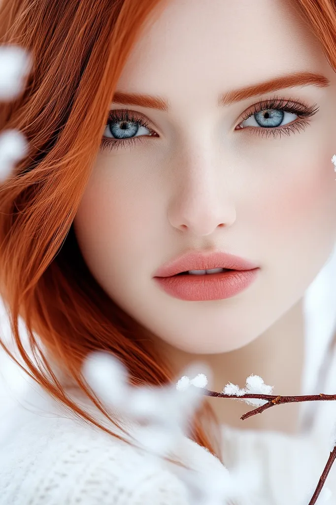Here's a description of the image:

Close-up portrait of a young woman with vibrant, long ginger hair.  Her skin is pale and flawless, accentuated by light blush. She has striking light blue eyes and delicately shaped eyebrows. Her lips are a soft, natural pink. She is partially obscured by a snow-covered branch, suggesting a winter setting. She wears a white knit sweater, adding to the overall soft and ethereal feel of the image. The focus is sharp on her face, creating a dreamy, almost otherworldly effect.