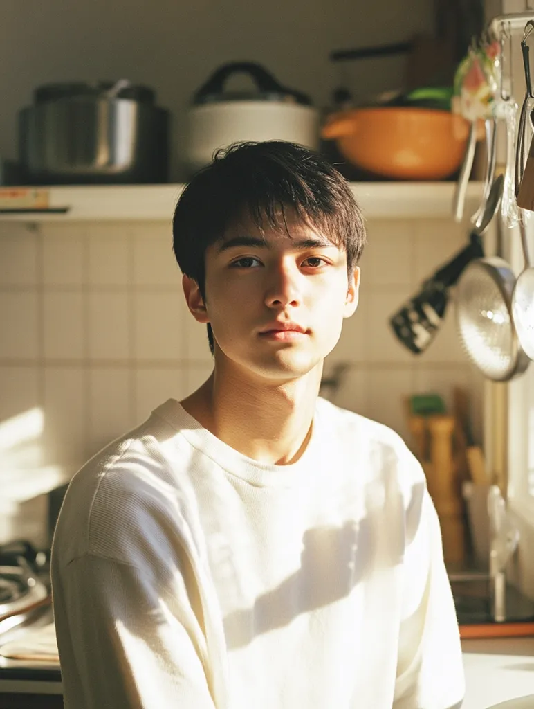 Here is a description of the image:

The photo shows a young Asian man with short, dark hair. He's wearing a light beige, long-sleeved crewneck shirt.  The setting appears to be a kitchen, with kitchenware visible on shelves in the background.  Sunlight streams into the room, illuminating the man and casting a shadow of a hand onto his shirt. His expression is serious and somewhat pensive.  The overall mood is calm and slightly melancholic. The image has a warm, slightly vintage feel.