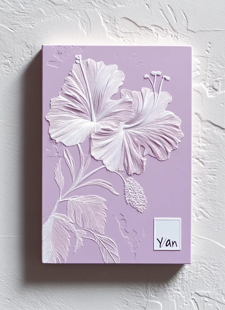 A lavender-colored square panel features an embossed design of two hibiscus blossoms and their leaves.  The flowers and foliage are rendered in white, creating a three-dimensional effect against the pastel background. The artwork has a textured appearance, suggesting a handcrafted quality. A small white square label in the bottom right corner displays the artist's signature: "y/an". The panel is displayed against a textured white wall.