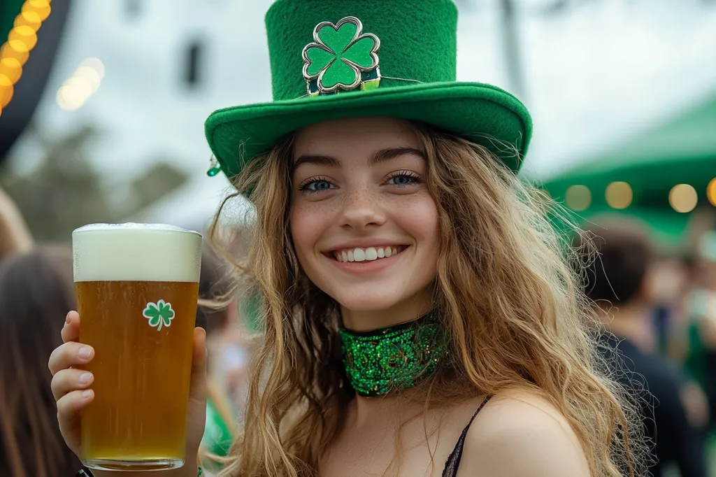 A young woman with long, wavy blonde hair smiles broadly.  She wears a bright green top hat adorned with a shamrock, and a matching green choker.  She holds a pint of light beer, also decorated with a shamrock. The background suggests a festive, outdoor St. Patrick's Day celebration.  The overall impression is one of youthful exuberance and Irish festivity.