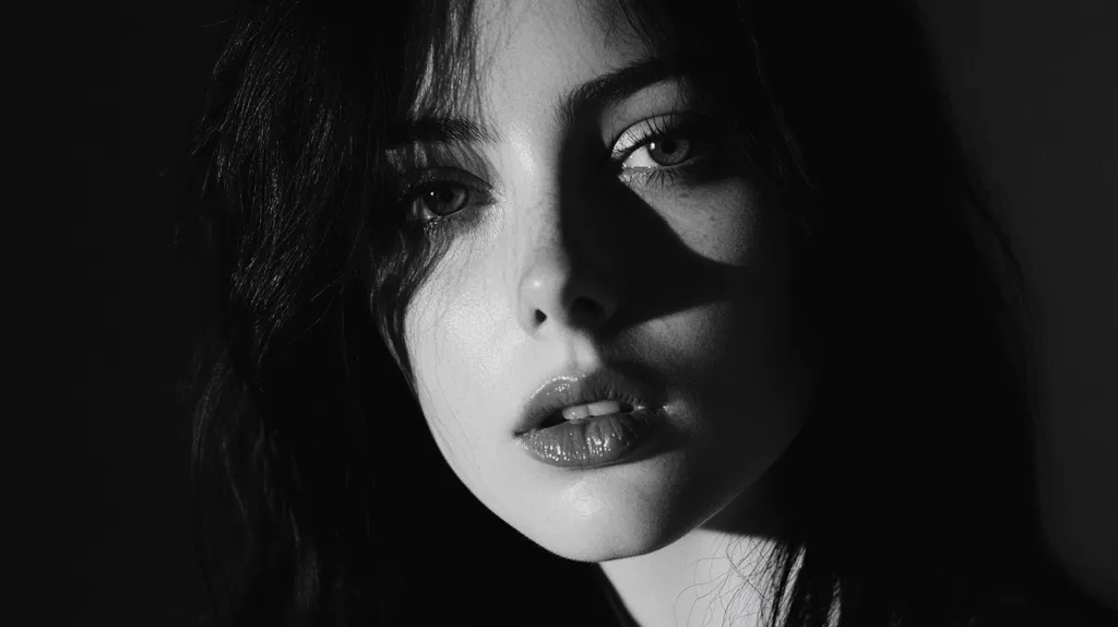 Here's a description of the image:

The black and white photograph features a young woman's face, captured in dramatic chiaroscuro lighting.  Her dark hair frames her face, partially obscuring one eye.  The light accentuates her features, highlighting her cheekbones, nose, and lips, which are slightly parted.  Her expression is ambiguous, somewhere between pensive and serene. The overall mood is moody and evocative, emphasizing texture and contrast. The dark background provides a stark contrast to the brightness of her skin where the light hits.