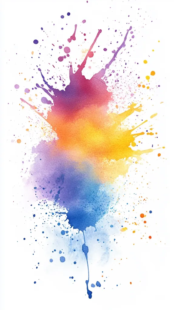 The image is an abstract watercolor painting.  A central mass of color transitions smoothly from purple at the top, through orange and yellow in the middle, to blue at the bottom.  From this central area, numerous splatter marks radiate outwards, creating a dynamic and energetic composition.  The overall effect is vibrant and colorful against a clean white background. The colors appear to blend organically, giving a sense of movement and fluidity.