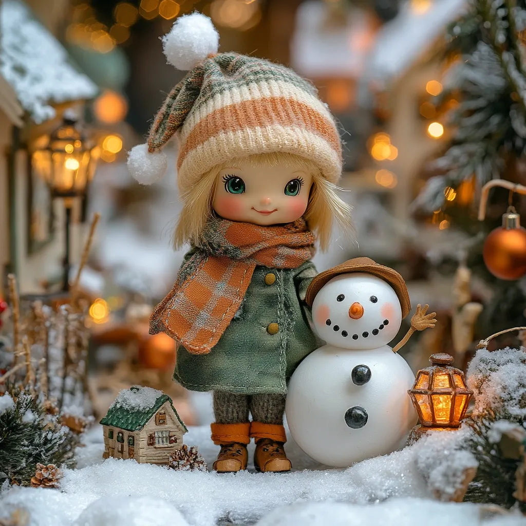 A charming handcrafted doll, dressed in a green coat, orange scarf, and knitted hat, stands in a snowy winter village setting.  She's positioned beside a small snowman, its features simply but effectively rendered.  Warm, golden lights from nearby lanterns and a Christmas tree softly illuminate the scene, creating a festive and heartwarming atmosphere. Miniature houses add depth to the snowy backdrop. The overall aesthetic is whimsical and charming, evoking the spirit of Christmas.