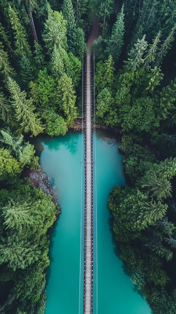 Here's a description of the image:

An aerial shot reveals a long, slender suspension bridge stretching across a vibrant teal river, nestled within a lush evergreen forest. The bridge, seemingly made of wood, is the central focus, contrasting beautifully with the surrounding vivid green foliage. The river winds gracefully around the forest's edge, creating a picturesque scene. The overall image conveys a sense of serenity and natural beauty.  The overhead perspective emphasizes the bridge's length and the forest's density. A faint trail can be seen leading to the bridge from within the woods.