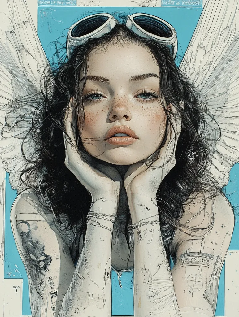 A detailed portrait showcases a young woman with dark, wavy hair, framed by large, white wings.  She rests her chin on her hands, wearing aviator goggles perched atop her head. Her face, delicately rendered, features freckles and expressive eyes.  Her arms are adorned with intricate, sketched markings resembling maps or blueprints, contrasting with the ethereal quality of the wings and the soft, pale blue background.  The overall style is a blend of realism and surrealism.