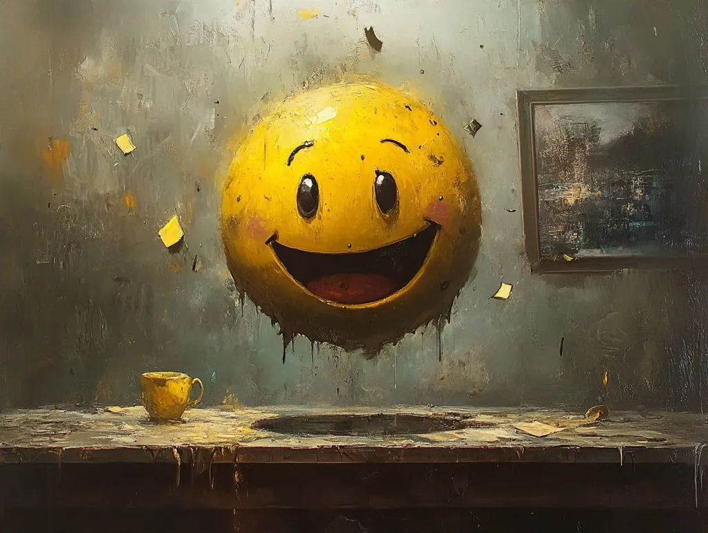 A large, three-dimensional emoticon resembling a Pac-Man character dominates a grunge-style painting. Its yellow face, with exaggerated features, drips onto a worn wooden table. Small yellow scraps of paper scatter around it, adding to the chaotic atmosphere. A small yellow cup sits on the table, and a dark, moody landscape painting hangs on the wall nearby, contributing to the overall melancholic yet intriguing mood. The thick paint application adds texture to the scene, highlighting the contrast between the cheerful emoticon and its somber environment.