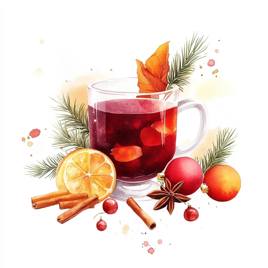 Here's a description of the image:

A watercolor painting depicts a festive scene centered around a glass mug of mulled wine.  The wine is a deep red, visible through the clear glass, and appears to contain orange slices.  Surrounding the mug are cinnamon sticks, orange slices, cranberries, star anise, and red Christmas ornaments.  Pine branches add a touch of greenery, and a fallen autumn leaf rests on the rim of the glass.  The background features a soft, watercolor wash of warm yellows and oranges, with splatters of paint adding texture. The overall style is whimsical and inviting, evoking the warmth and flavors of the holiday season.