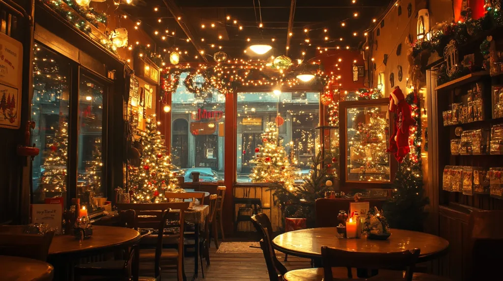 A cozy, warmly lit restaurant is decorated for Christmas.  String lights twinkle overhead and adorn the large windows offering a view of a snowy street.  Small Christmas trees stand near tables set for diners, adding to the festive ambiance.  The interior features dark wood furnishings, shelves filled with treats, and holiday greenery. A candle flickers on one table, creating a sense of intimate warmth and holiday cheer. The overall scene is inviting and charming.